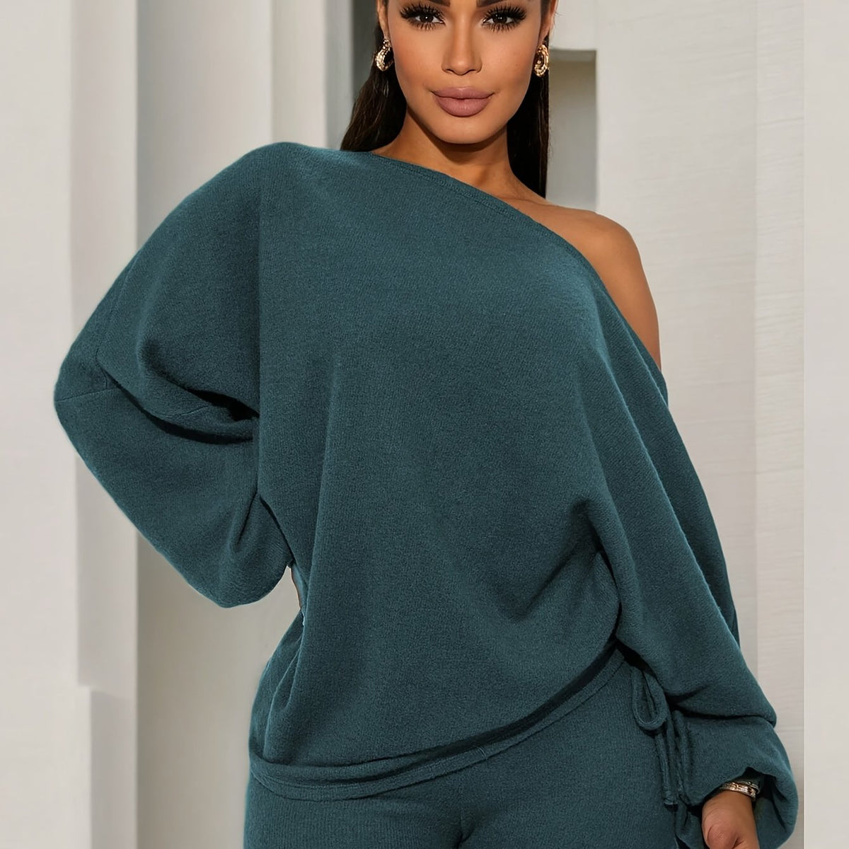 Ensemble 2 pièces pour femme - Haut asymétrique à manches lanterne et leggings moulants