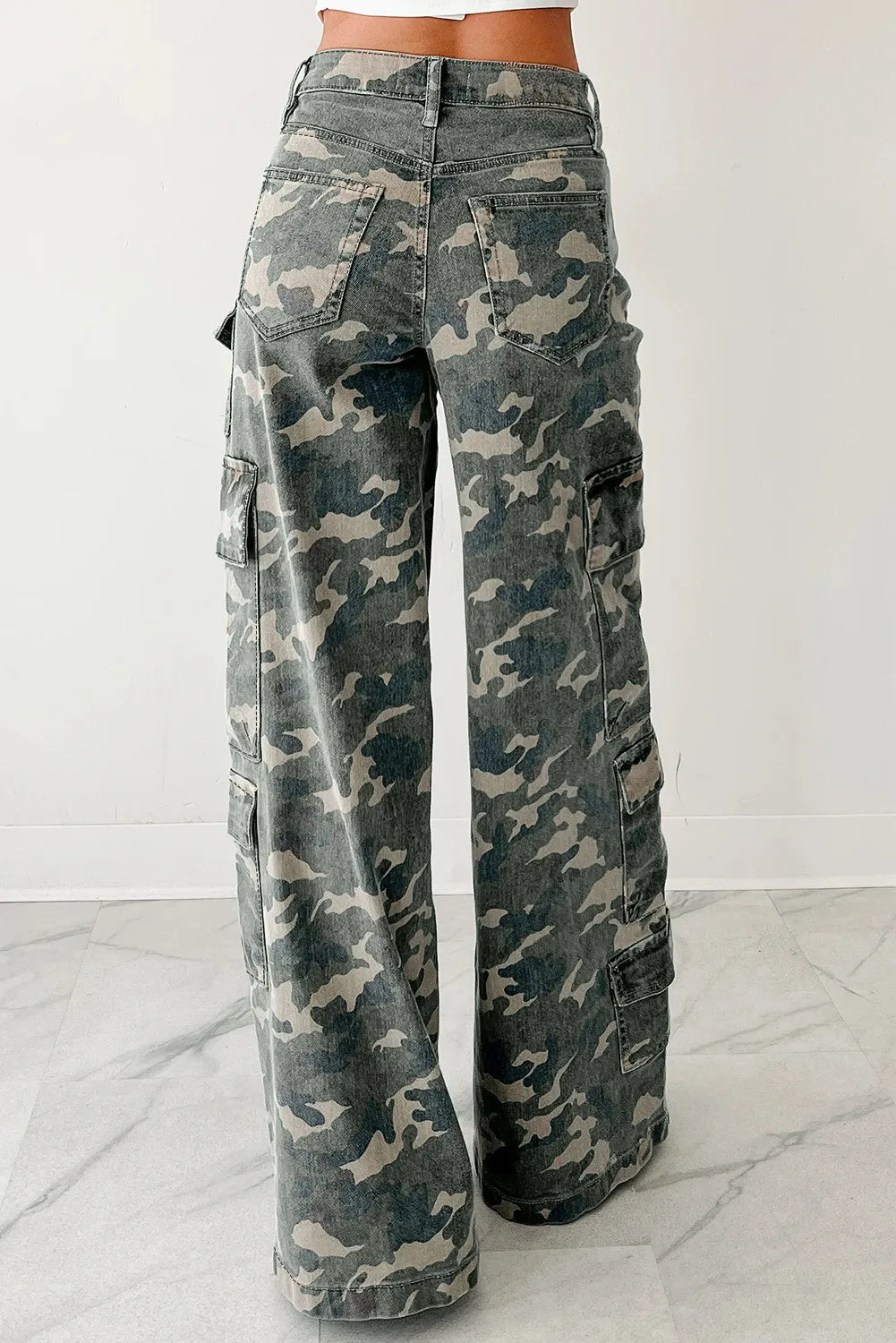 Women’s Camo Denim Cargo Pants – Wide Leg Utility Jeans