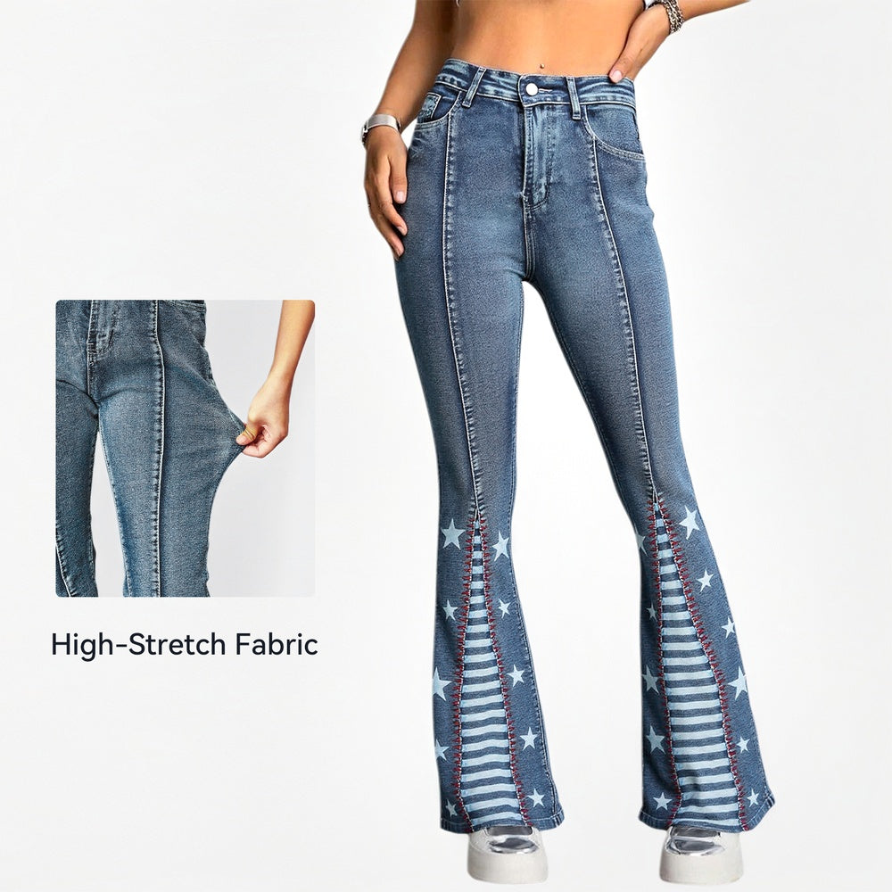Women’s High-Waisted Star Flare Jeans – Curve-Enhancing Bell Bottoms