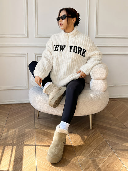 Manteau-pull élégant à fermeture éclair – Vêtement d'extérieur automne/hiver à col montant pour femme
