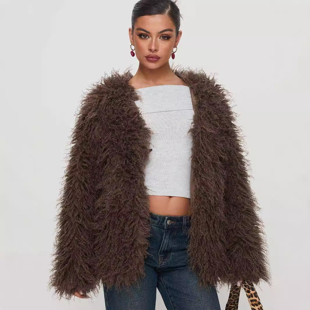 Veste en fausse fourrure pour femme avec surpiqûres en cuir – Manteau style urbain