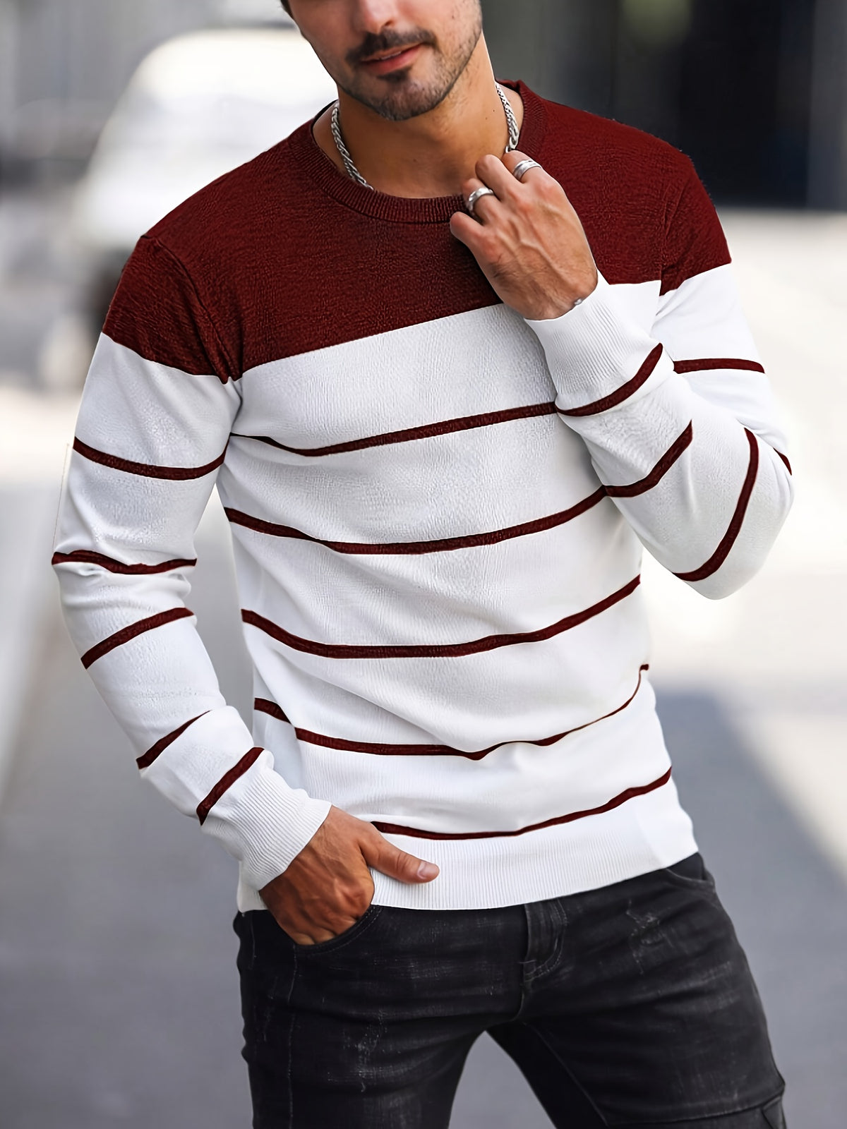 Men’s Navy Striped Knit Sweater – Casual Crew Neck Pullover