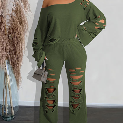 Conjunto de 2 piezas para mujer, hombros descubiertos, efecto envejecido – Top de manga larga y pantalón rasgado