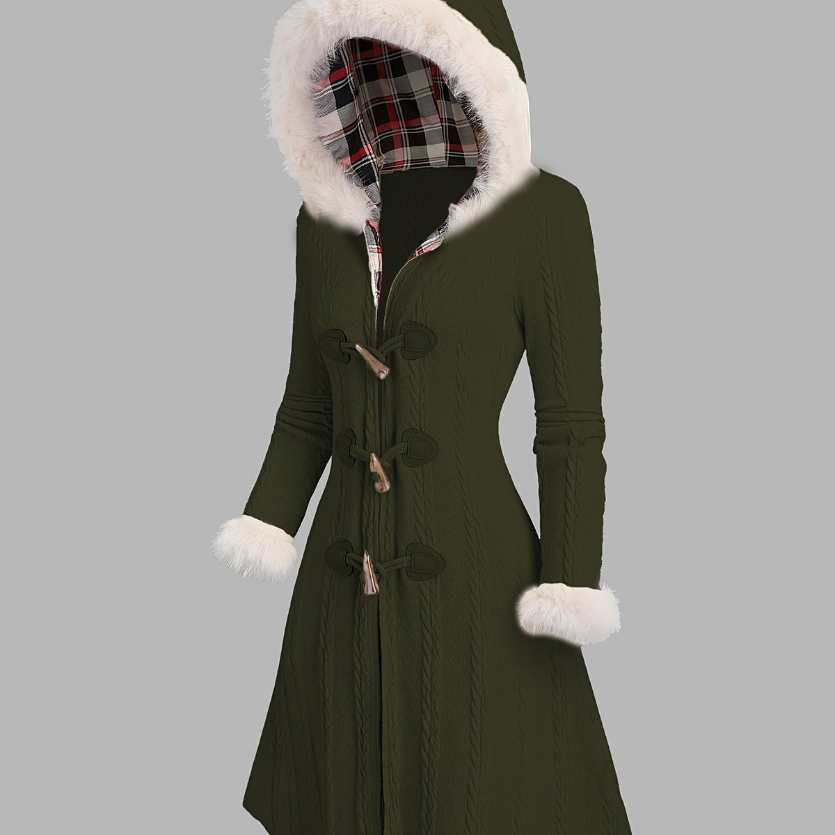 Manteau à capuche écossais Y2K pour femme – Veste longue d'hiver patchwork rouge et blanc