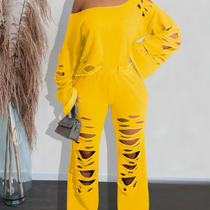 Conjunto de 2 piezas para mujer, hombros descubiertos, efecto envejecido – Top de manga larga y pantalón rasgado