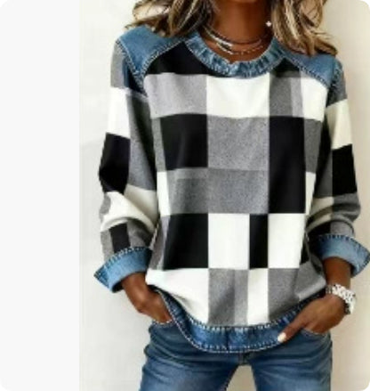 Sweat-shirt en jean patchwork pour femme – Pull ras-du-cou à motif floral