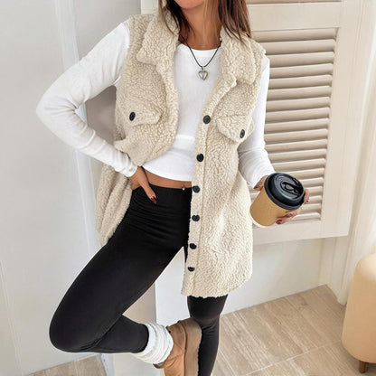 Women’s Wool-Like Sleeveless Vest – Lapel Button Mid-Length Waistcoat