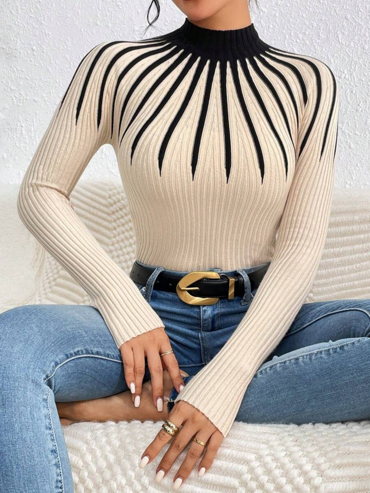 Women’s Slim Fit Mock Neck Sweater – Ribbed Striped Long Sleeve Knit