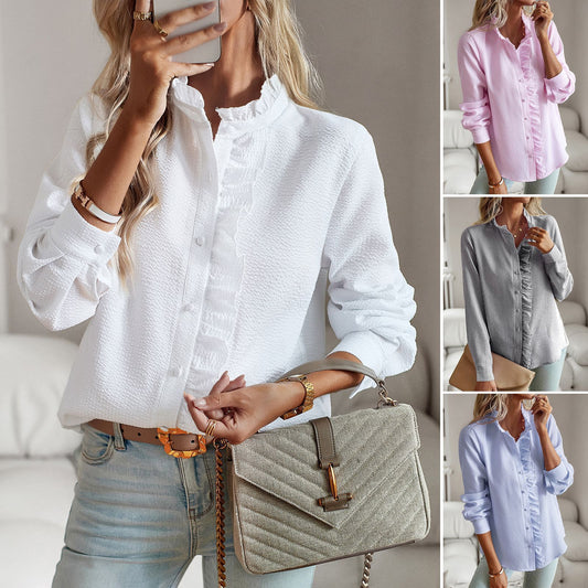 Loom & Soul™ Striped Ruffle Button-Up Blouse – Elegant Long-Sleeve Office & Casual Shirt for Women