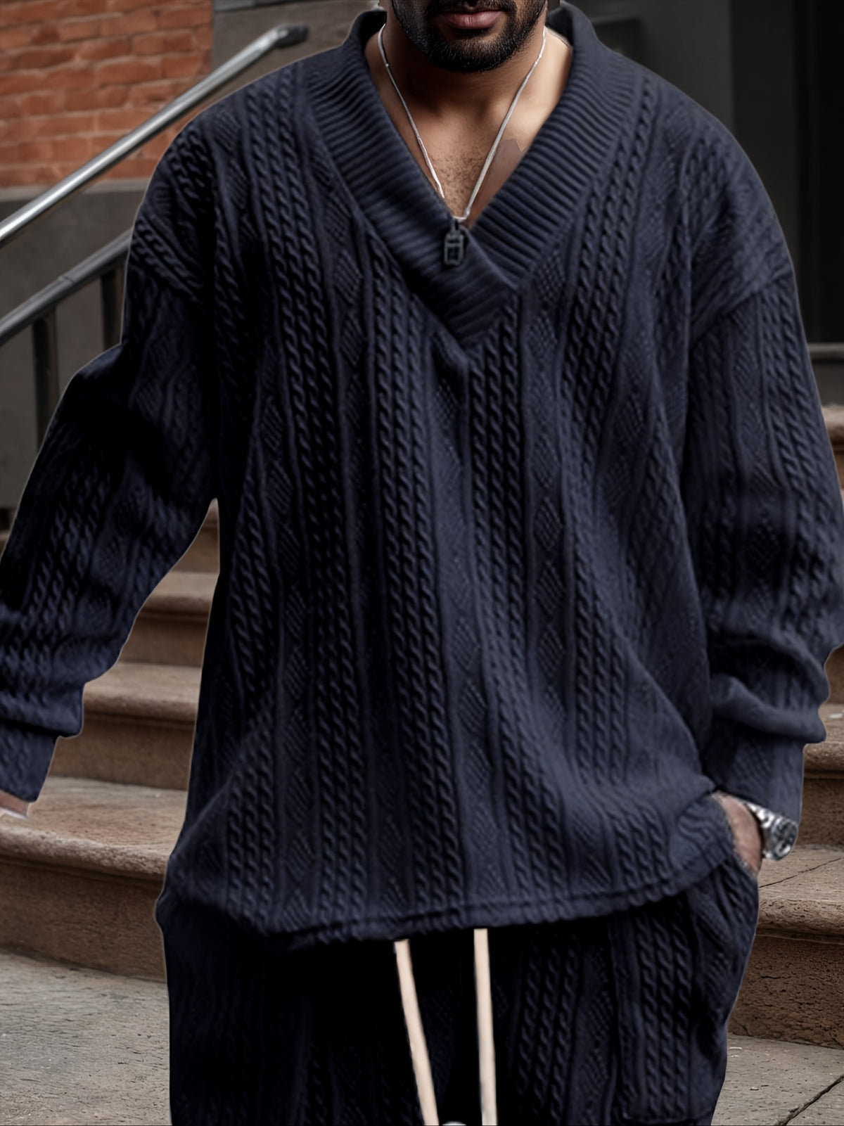 Men’s V-Neck Knit Sweater – Jacquard Rib Casual Pullover