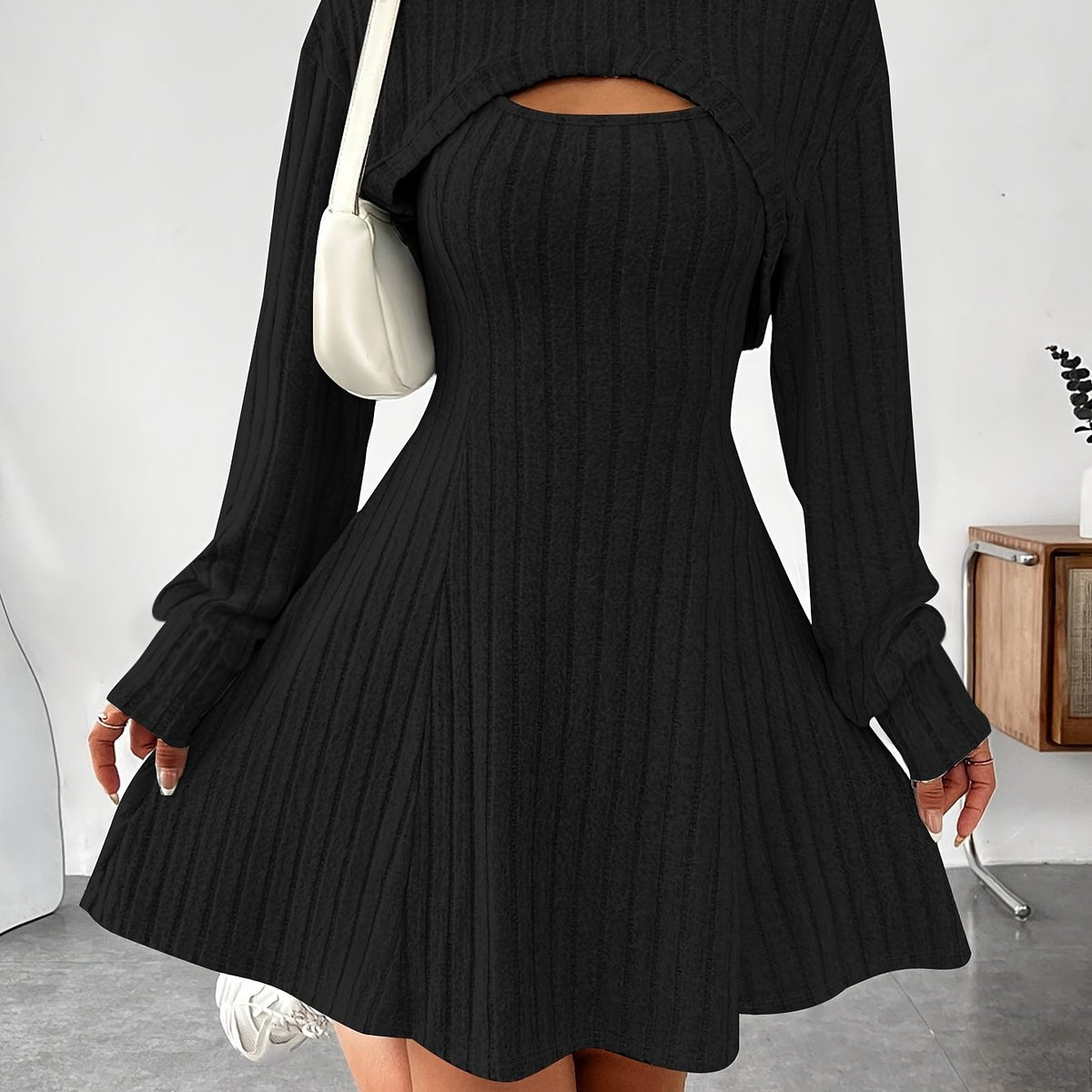 Ensemble 2 pièces côtelé pour femme – Top court à capuche et robe moulante