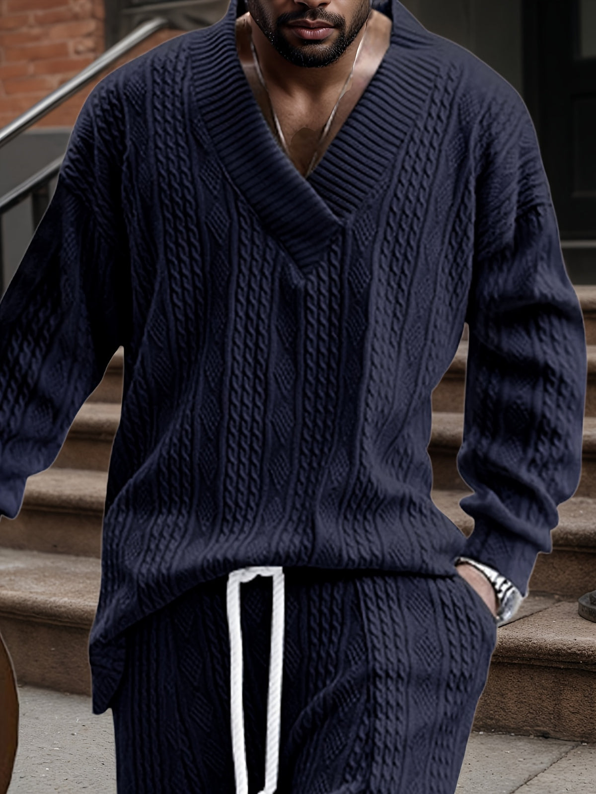 Men’s V-Neck Knit Sweater – Jacquard Rib Casual Pullover
