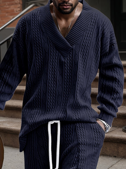 Men’s V-Neck Knit Sweater – Jacquard Rib Casual Pullover