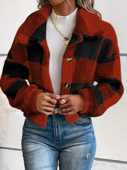 Manteau d'hiver en peluche à carreaux pour femme – Chaud, boutonné, manches longues