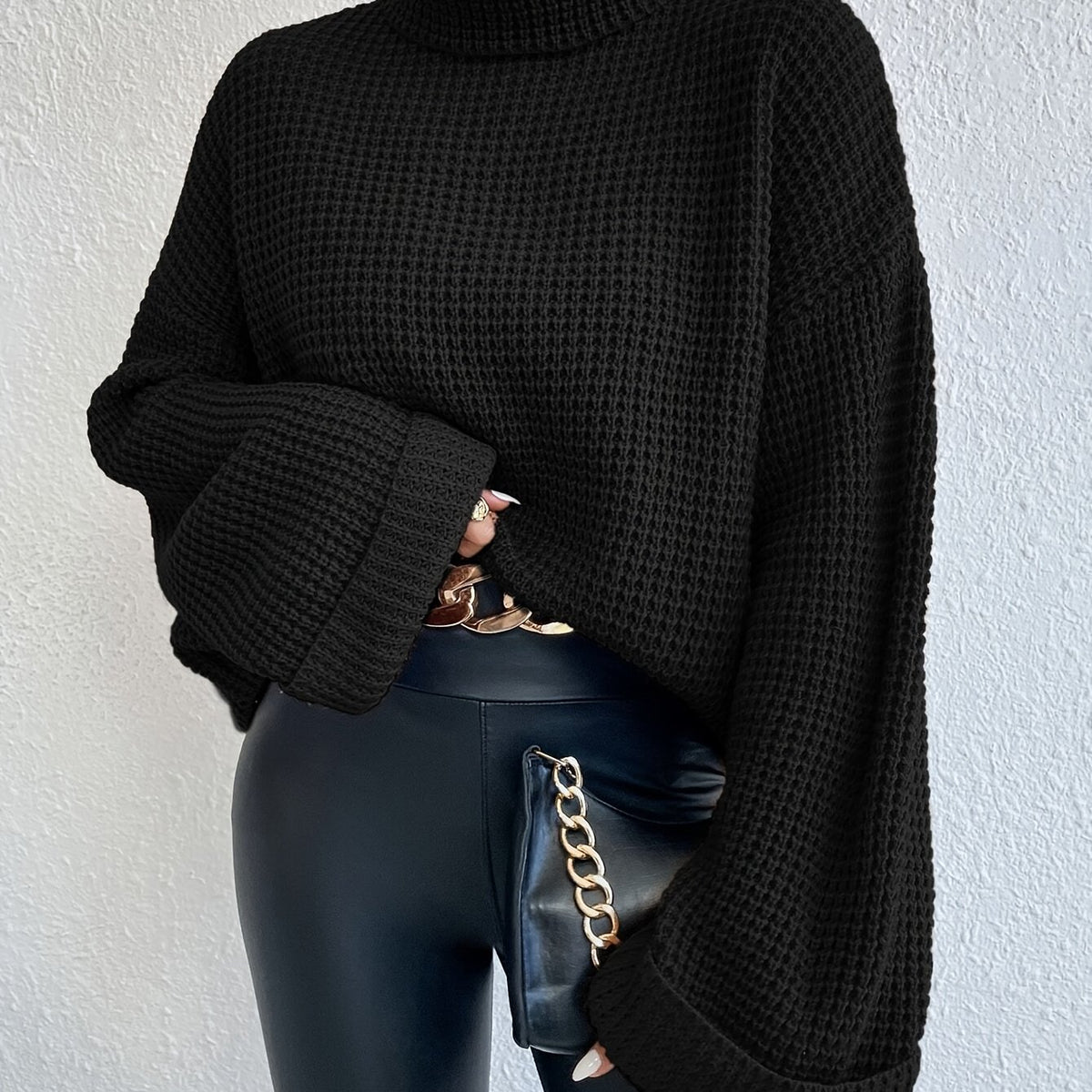 Women’s High-Neck Drop Shoulder Waffle Sweater – Vibrant Blue Knit