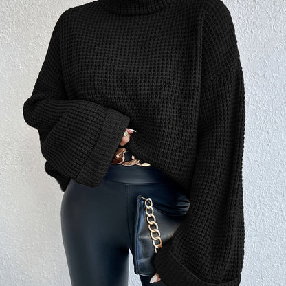 Women’s High-Neck Drop Shoulder Waffle Sweater – Vibrant Blue Knit