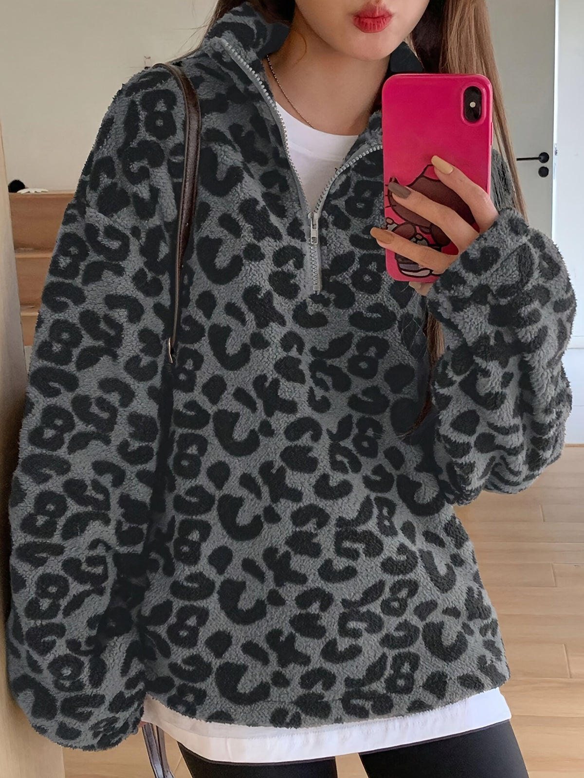Sweat à Capuche Élégnant en Peluche Imprimé Léopard – Veste Doublée Polaire Douce à Fermeture Éclair