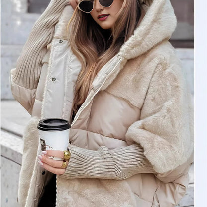 Loom & Soul™ Faux Fur Patchwork Hooded Coat – Women’s Loose Cotton Winter Jacket for Chic Comfort & Warmth