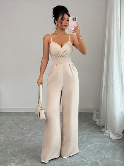Combinaison salopette minimaliste à col en V – Élégante pantalon palazzo à jambes larges