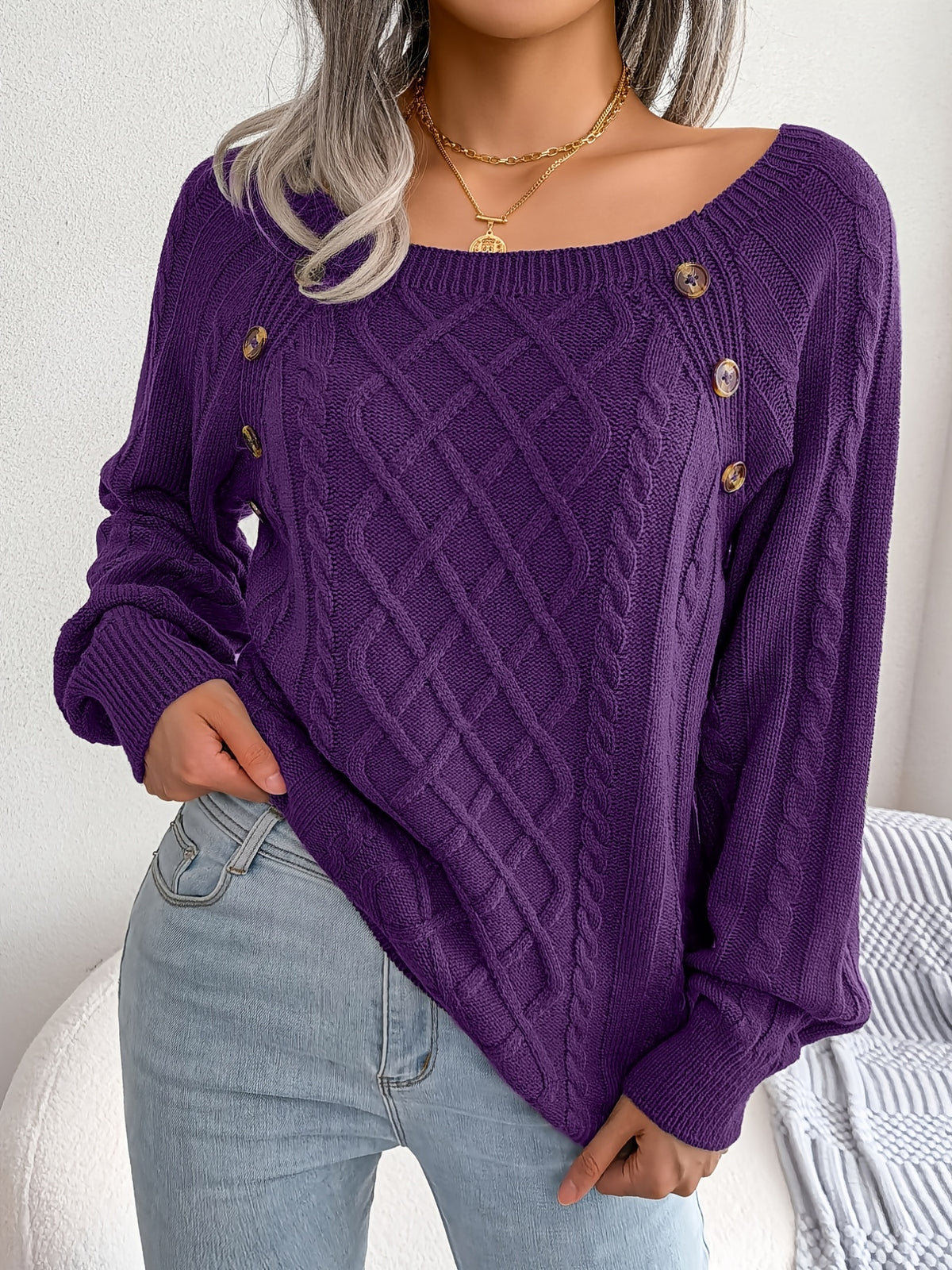 Pull texturé à manches lanternes pour femme – Haut en maille à boutons