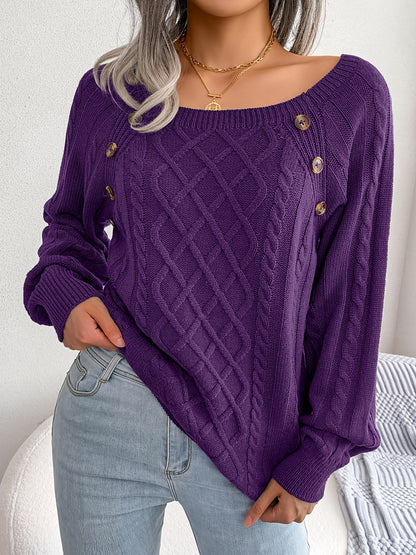 Pull texturé à manches lanternes pour femme – Haut en maille à boutons