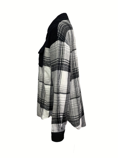 Shacket à carreaux pour femme – Col à revers, boutonnée, épaules tombantes, automne/printemps