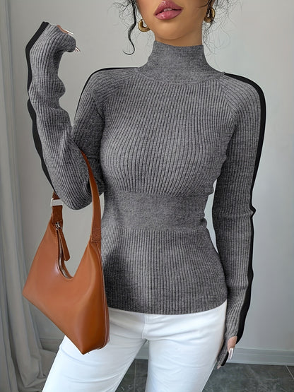 Women’s Color Block Turtleneck Sweater – Elegant Soft Knit Top