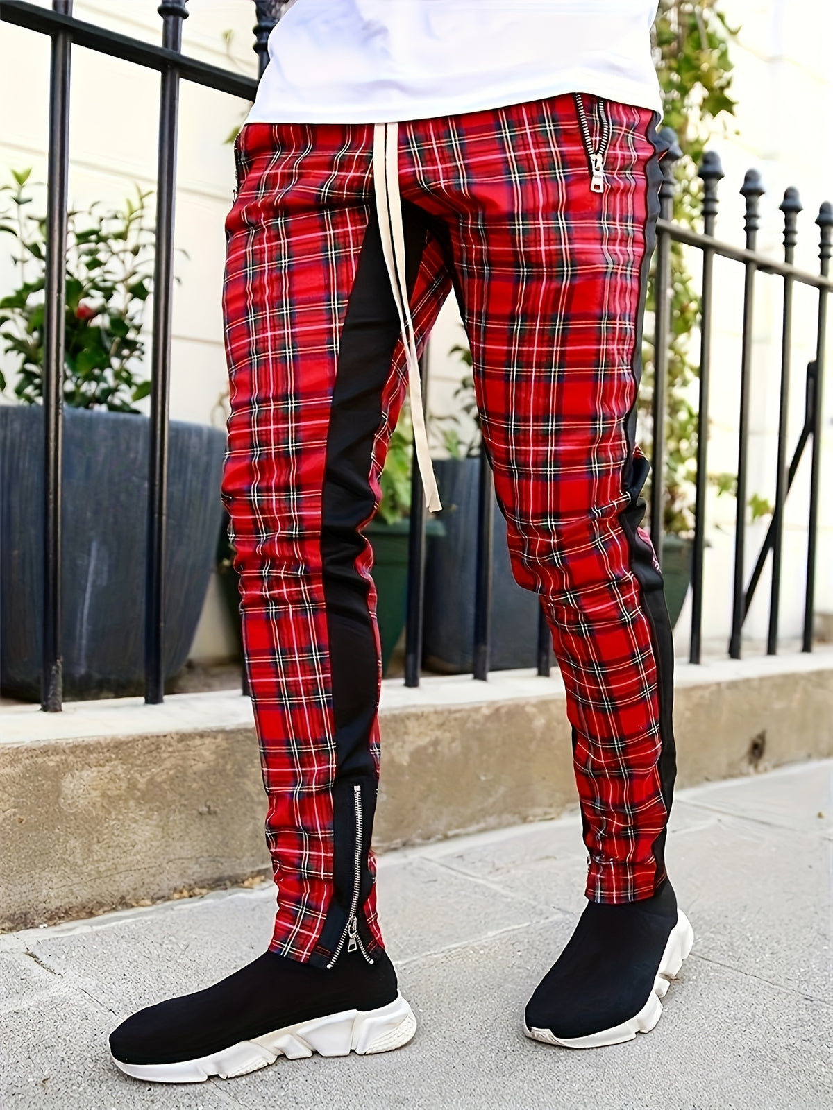 Men’s Red & Black Plaid Joggers – 3D Knit Streetwear Trousers