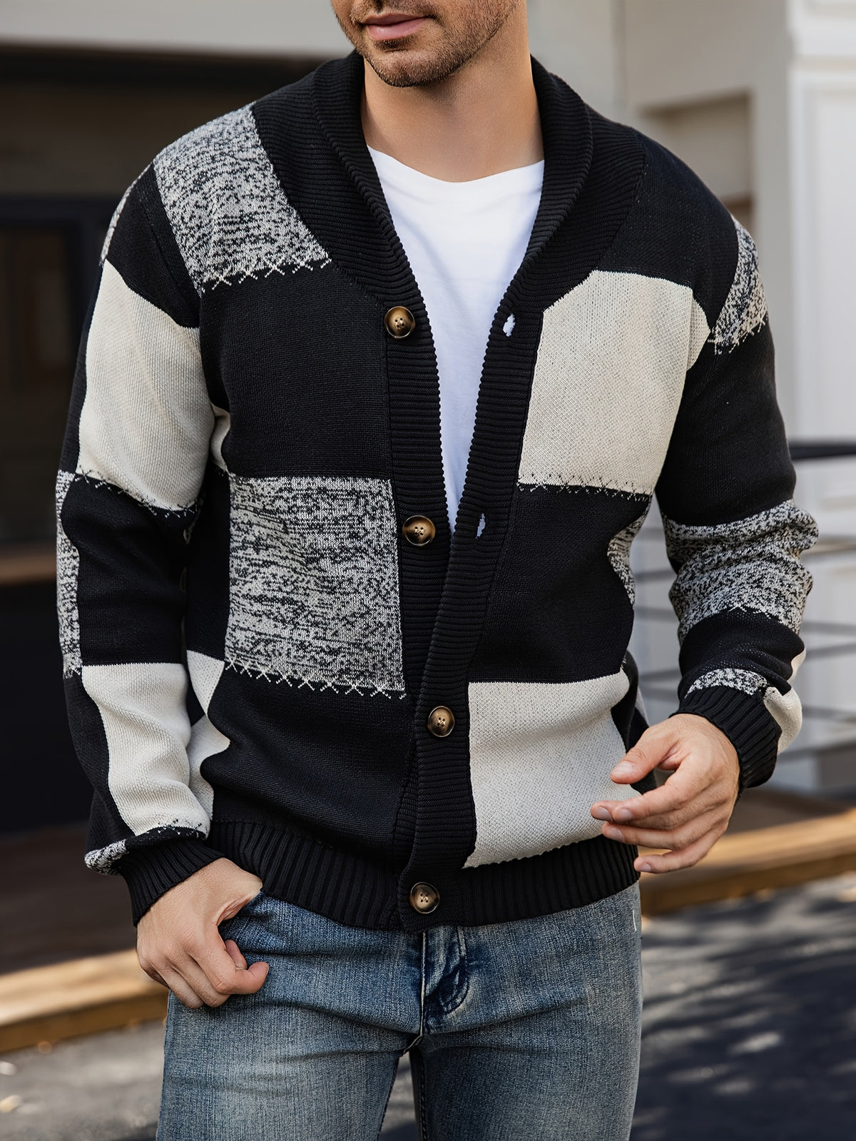 Gilet en maille à coutures contrastantes – Pull décontracté côtelé à revers