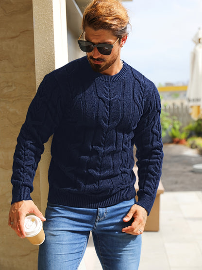 Suéter de punto a rayas para hombre – Suéter suave con cuello redondo y ribete acanalado