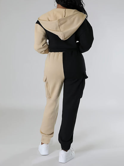 Colorblock Hooded Jacket & Cargo Pants Set – Women’s Zip-Up Two-Piece
