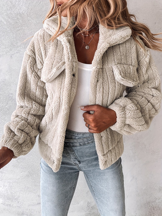 Women’s Soft Pink Plush Jacket – Button-Up Winter Coat with Lapel Collar
