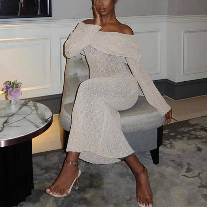 Robe longue en maille à une épaule – Robe de plage élégante à manches longues