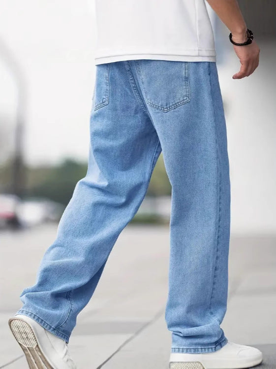 Men’s Loose Straight Denim Jeans – Casual Cotton Mid Waist Pants