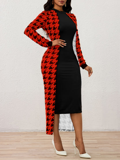 Robe moulante à col montant en pied-de-poule – Robe élégante à manches longues en tricot