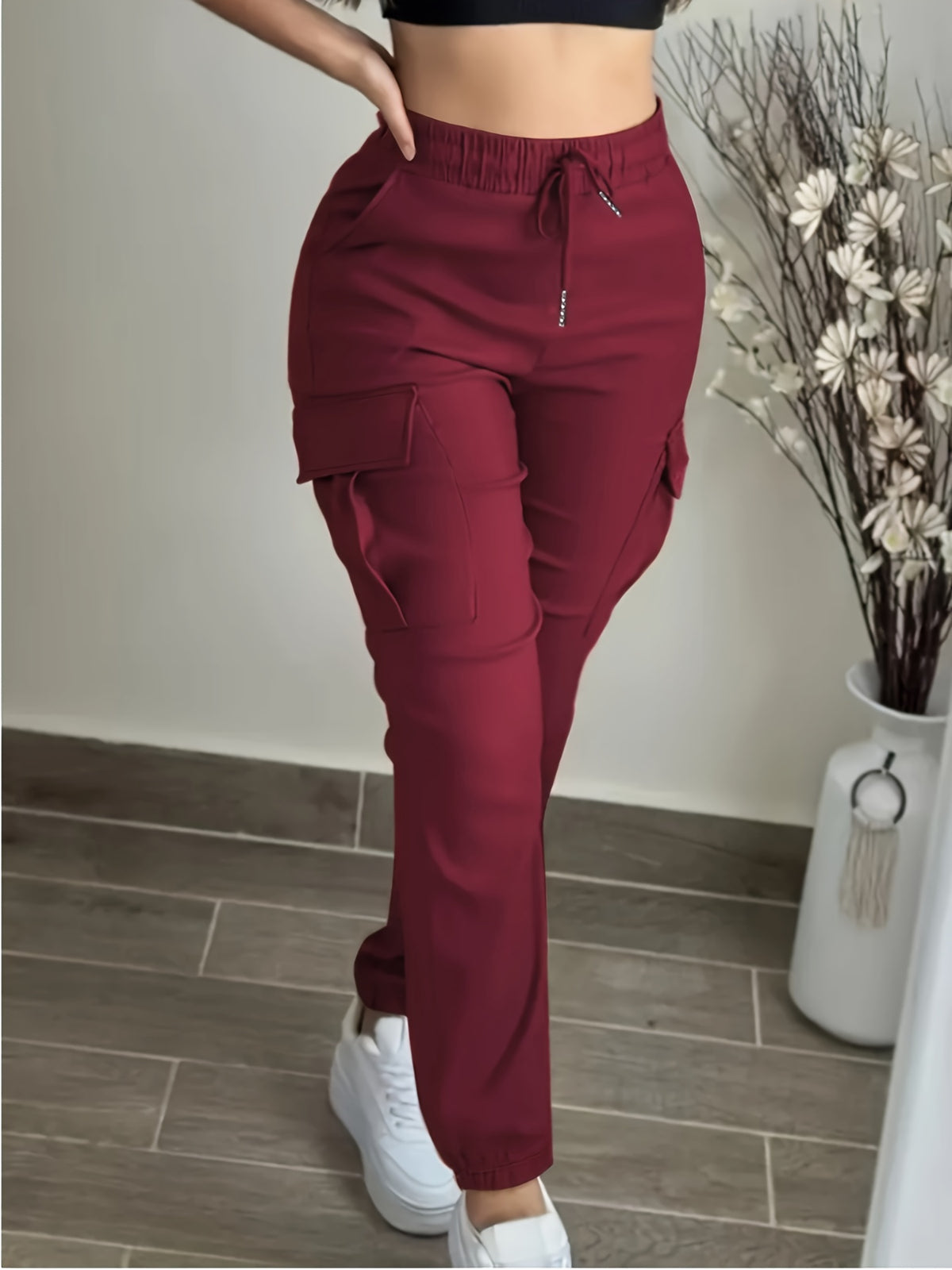 Women’s Black Cargo Pants – Elastic Drawstring Workwear Trousers