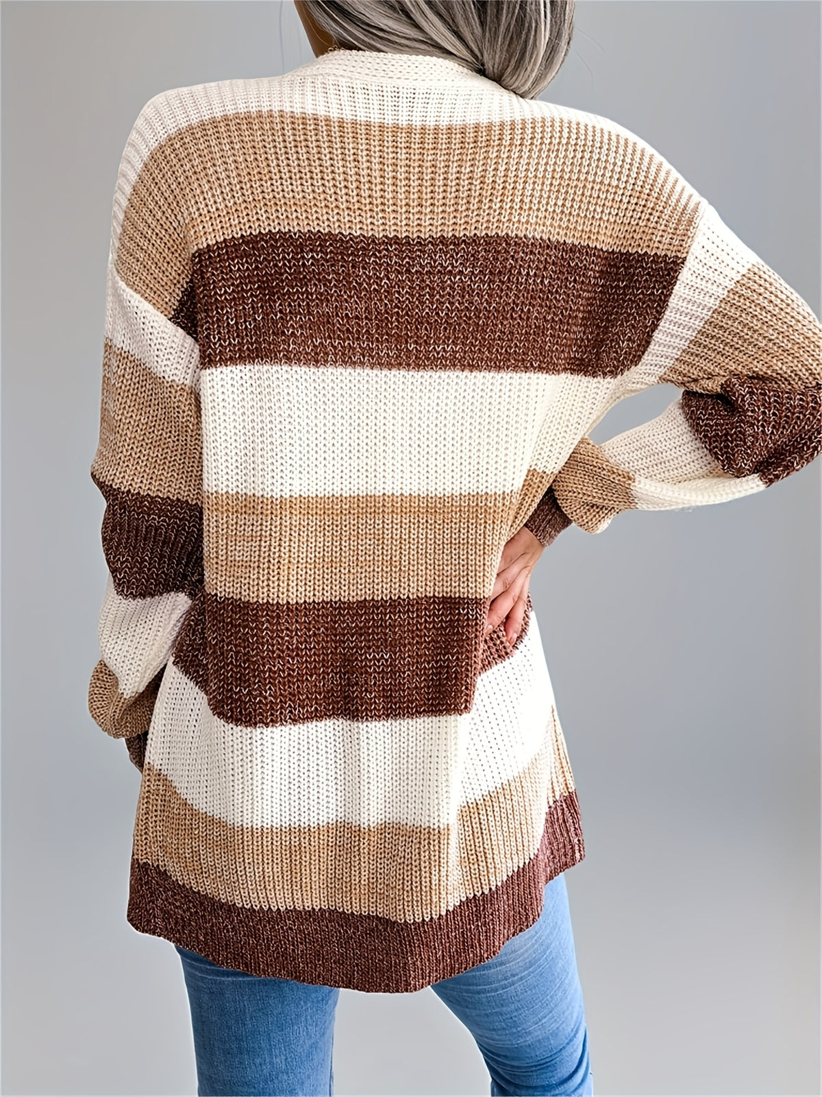Cárdigan a rayas con bloques de color para mujer – Suéter de punto de invierno con mangas abullonadas