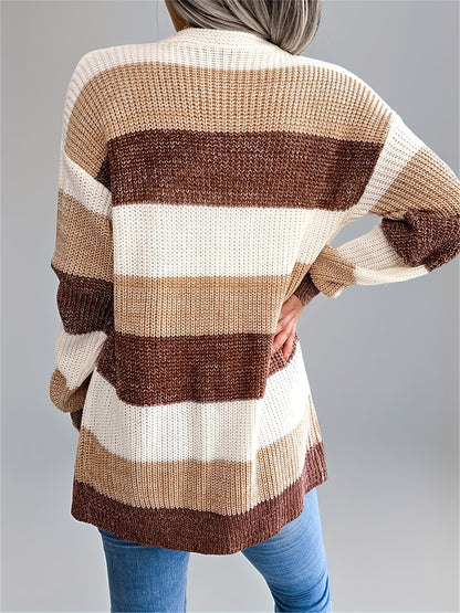 Cárdigan a rayas con bloques de color para mujer – Suéter de punto de invierno con mangas abullonadas