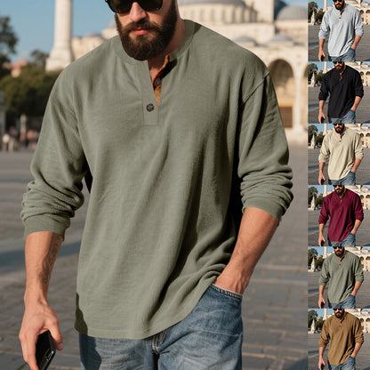Men’s Retro Corduroy Henley Shirt – Long Sleeve Loose Fit