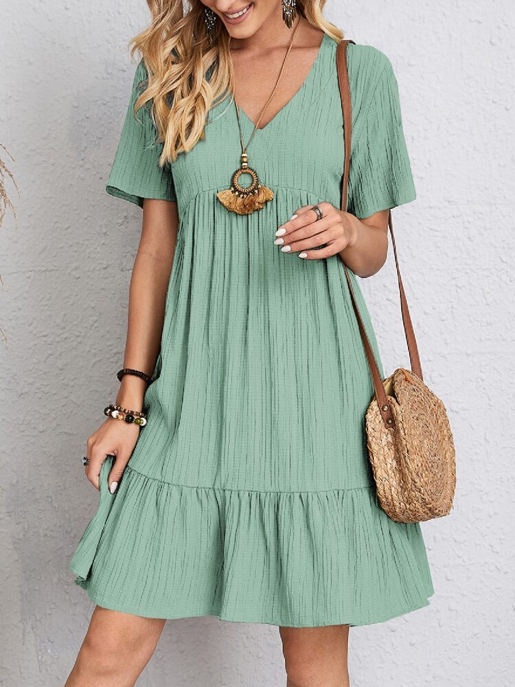 Loom & Soul™ V-Neck Ruffle Dress – Women’s Casual Short Sleeve Summer Beach Dress