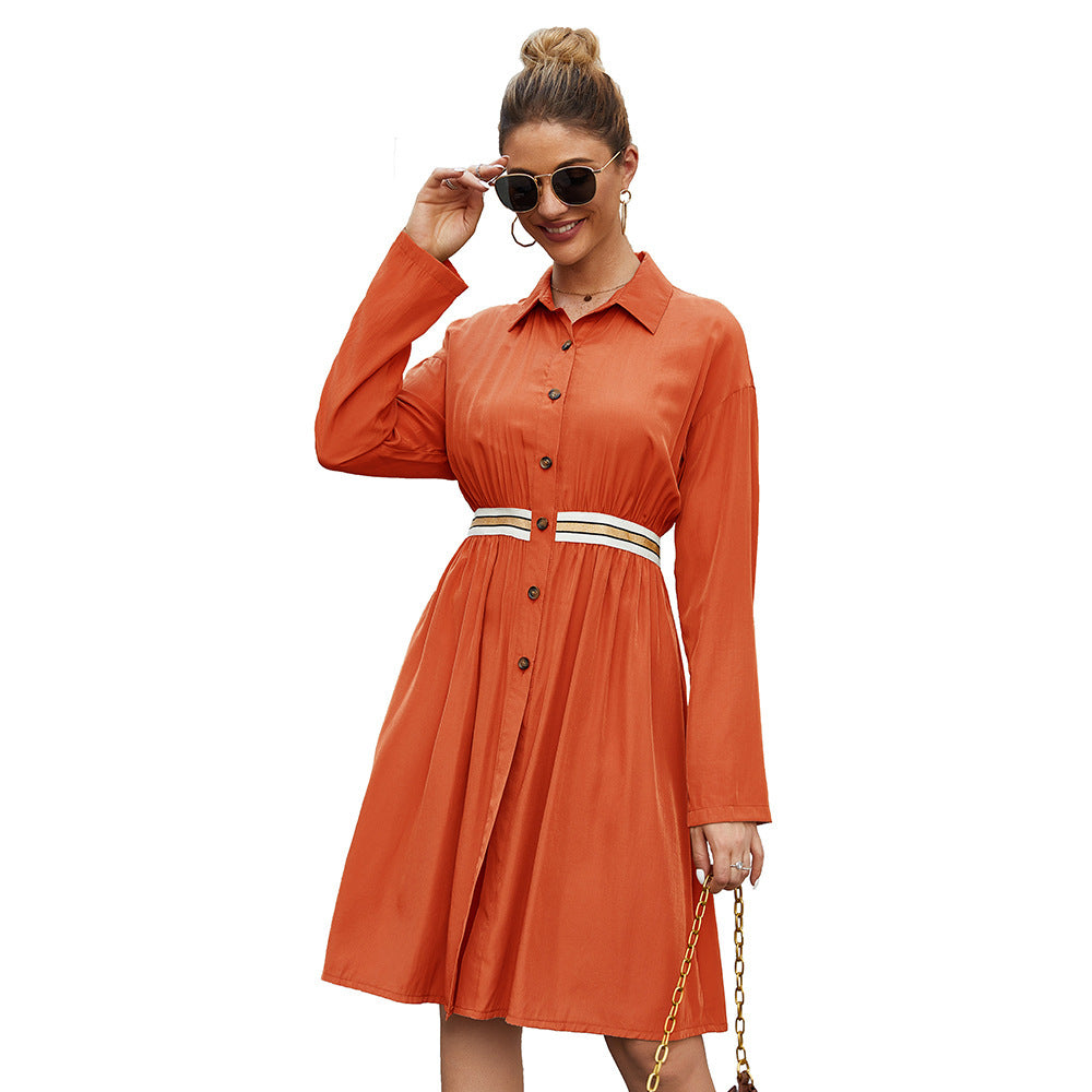 Casual Polo Collar Midi Dress – Elegant Long Sleeve A-Line Dress