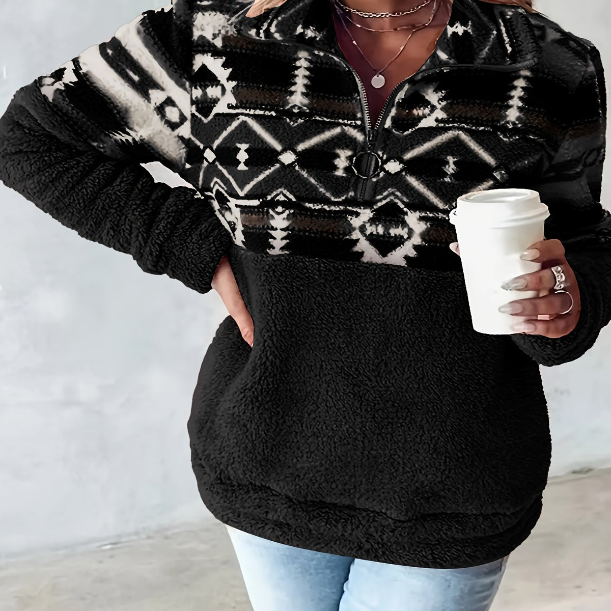 Sweat-shirt Teddy à motif géométrique – Pull polaire demi-zippé pour l'automne et l'hiver