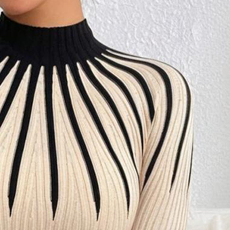 Women’s Slim Fit Mock Neck Sweater – Ribbed Striped Long Sleeve Knit