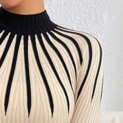 Women’s Slim Fit Mock Neck Sweater – Ribbed Striped Long Sleeve Knit