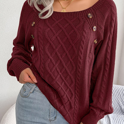 Pull texturé à manches lanternes pour femme – Haut en maille à boutons