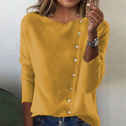 Women’s Elegant Button Sweater – Round Neck Long Sleeve Knit Top