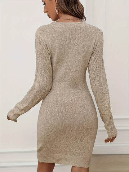 Cinched Waist Long Sleeve Bodycon Dress – Elegant Crew Neck Sweater Dress