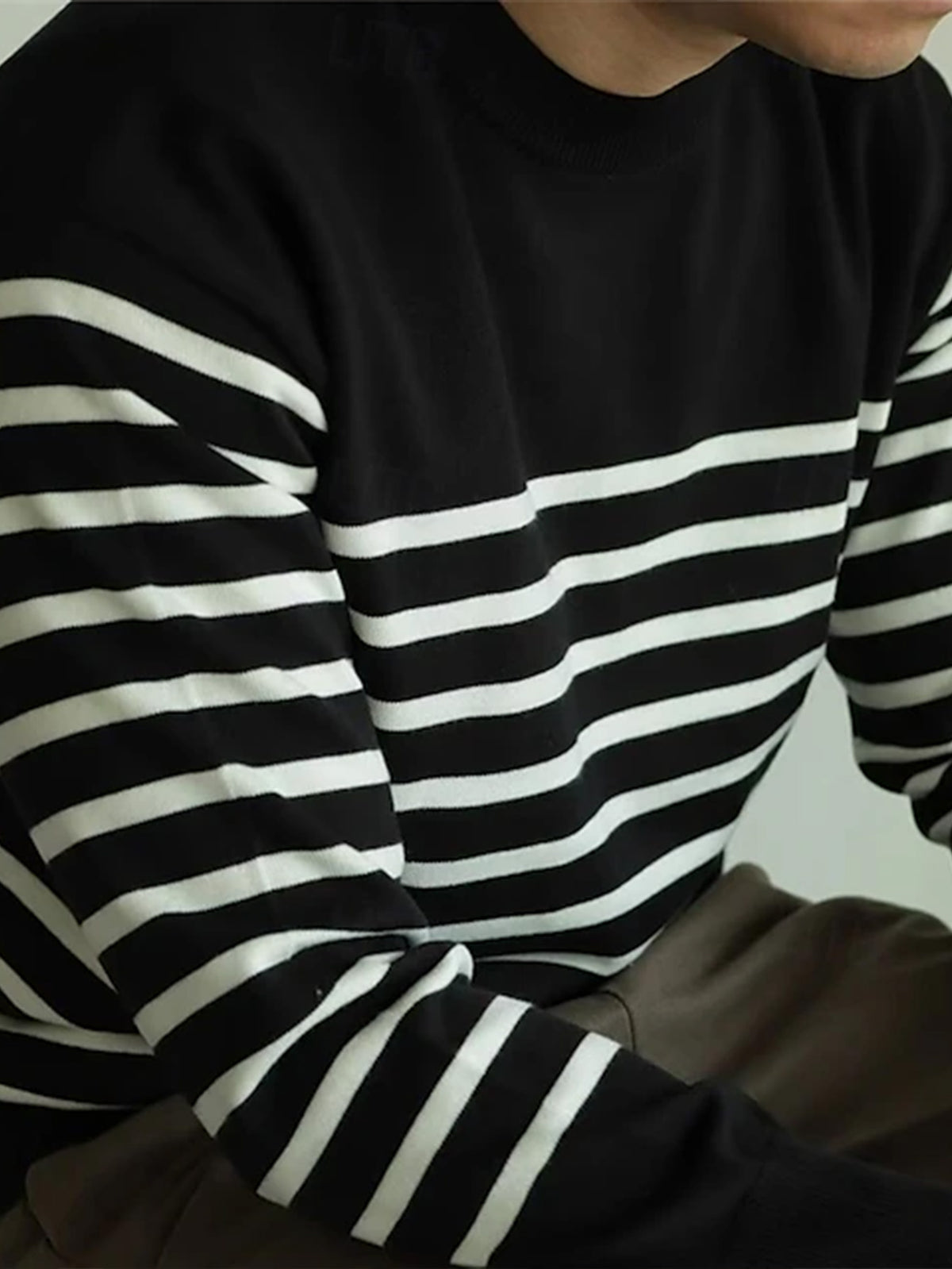 Men’s Striped Knit Sweater – Casual Crew Neck Streetwear Pullover