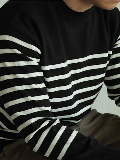Men’s Striped Knit Sweater – Casual Crew Neck Streetwear Pullover