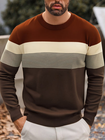 Chandail en maille rayé pour homme – Col rond classique à manches longues